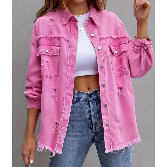 Jackets & Blazers - NWT Pink Jean Jacket Shirt Shacket Distresssed Pockets Sz14 Long Sleeved Collar